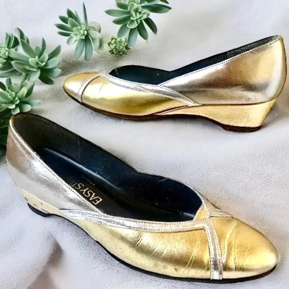Easy Street Vintage 80's Low Wedge Pump Silver + Gold Made in USA USED
